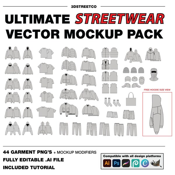 Modèle ultime de pack de maquettes vectorielles streetwear/vêtements - 44 maquettes vectorielles ENTIÈREMENT modifiables, compatibles avec les programmes Adobe, procréation