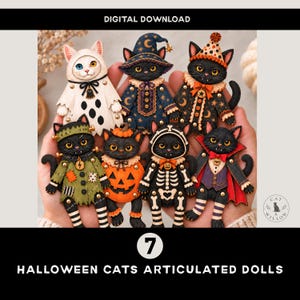以下が含まれることがあります： 幽霊、魔法使い、パーティーハットの猫、フランケンシュタインの怪物、カボチャ、骸骨、吸血鬼のハロウィーン衣装を着た7体の関節式猫人形。デジタルダウンロード商品で、7 HALLOWEEN CATS ARTICULATED DOLLSというテキストが記載されています。