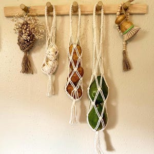 Puede incluir: Bolsas colgantes de macramé llenas de ajo, patatas y aguacates. Las bolsas están suspendidas de un estante de madera. Un pequeño arreglo floral seco y un cepillo de madera con cuentas también cuelgan.