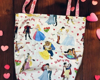 Reversible This is Love Tote Bag, Tote bag, Princess Tote Bag, Valentines Day Tote Bag, Medium Sized Tote Bag, Reusable Bag,Cotton Tote