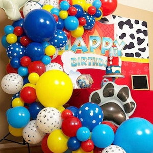 120pcs Paw Balloon Garland Kit Dog Bone Print, Red Yellow Blue Foil Balloon, Puppy Paw Theme Kids Birthday Party Decoration
