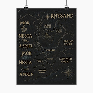 Arte ACOTAR, decoração de parede de fantasia, impressão de mapa de alta qualidade, presente literário, decoração de quarto, tapeçaria de parede para canto de livros