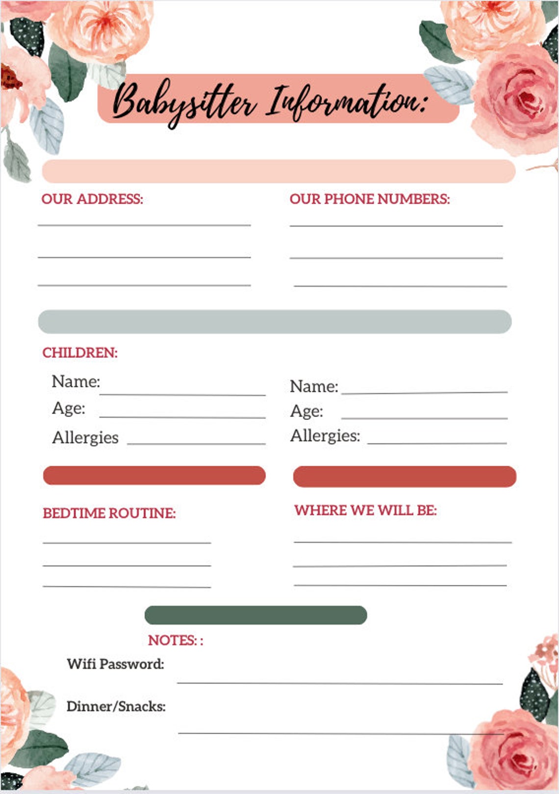 Customizable Emergency Contact Templates &amp; Babysitter Information ...