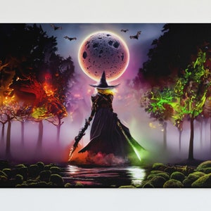 Witch In Forest Digital Art, Full Moon Fantasy Painting, 300 DPI, Instant Download Artwork