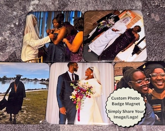 May include: A collection of custom photo badge magnets featuring various images. The magnets showcase wedding photos, graduation pictures, and group portraits. The magnets have rounded corners and a white border. Text on one magnet reads "Custom Photo Badge Magnet Simply Share Your Image/Logo!"