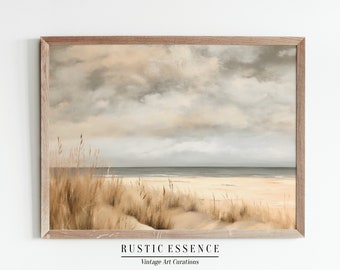Stormy Beach Painting | Vintage Muted Neutral Pastel Ocean Coastal Wall Decor Print | Rustic Seascape Beach House Decor | Digital Printable