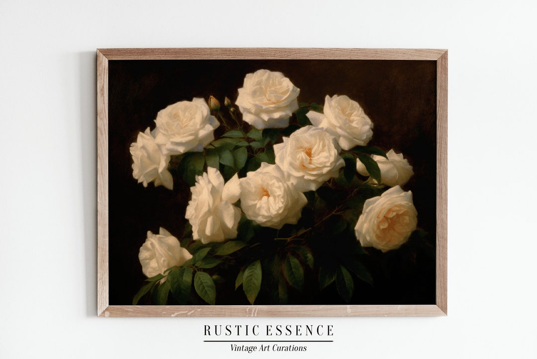 Moody Warm Rose Painting | White Rose Garden Oil Painting | Vintage ...