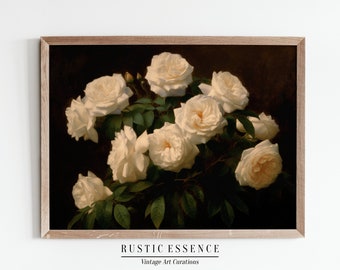 Moody Warm Rose Painting | White Rose Garden Oil Painting | Vintage Flower Still Life Wall Art | Rustic Decor | Printable Digital Download