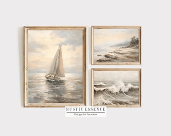 Beach House Gallery SET von drei (3) Drucken Küsten gedämpfte Vintage Neutral Seaside Segelboot Malerei | Herunterladbare digitale Wandkunst