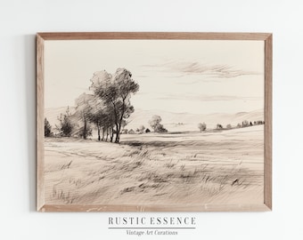 Vintage Minimalist Landscape Sketch | Neutral Country Farmhouse Etching | Simple Antique Home Decor Drawing | Digital Downloadable Print