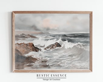 Moody Coastal Print | Vintage Seascape Watercolor Painting | Antique Coastal Cottage Decor | Rustic Printable Digital Download