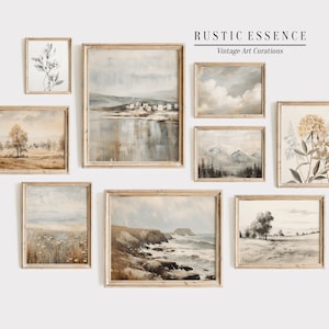 Puede incluir: Una pared de galer&iacute;a con nueve impresiones de arte vintage enmarcadas. Las impresiones presentan paisajes, paisajes marinos e ilustraciones bot&aacute;nicas en tonos apagados de marr&oacute;n, gris y blanco.