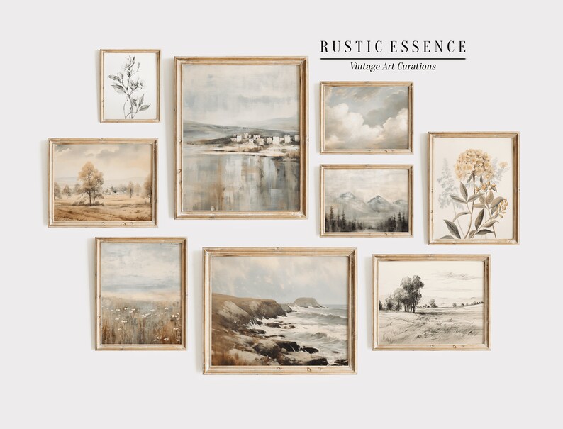 Puede incluir: Una pared de galer&iacute;a con nueve impresiones de arte vintage enmarcadas. Las impresiones presentan paisajes, paisajes marinos e ilustraciones bot&aacute;nicas en tonos apagados de marr&oacute;n, gris y blanco.
