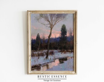 Calm, Colorful Sunset Creek Vintage Painting, Rustic Pink and Purple Dusk Wall Art, Forest Poster, Winter Farmhouse Charming Digital Print