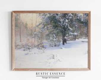 Soft Sunlight Poking Through Winter Forest Oil Painting, Vintage Country Decor, Warm Tone Wall Art, Rustic Downloadable Digital Print