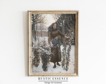 Rustic Country Winter Portrait, Calm Muted Vintage Painting, Printable Winter Wall Art, Christmas Gifts for Her, Winter Digital Download