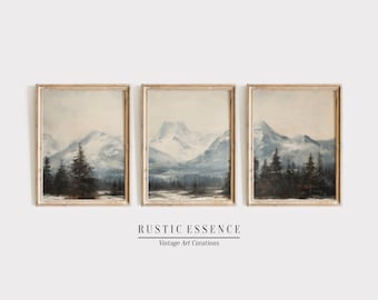 Winter Wonderland Print SET, 3 Piece Panel Landscape Wall Art, Vintage Snowy Holiday Oil Painting, Christmas Poster Gift, Digital Download