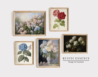 Conjunto de impresiones de hortensias vintage / Conjunto de arte botánico antiguo / Pintura floral digital descargable / Conjunto floral imprimible de estilo campestre