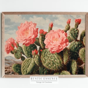 Rustikaler blühender Kaktus Ölgemälde | Antikes Botanisches Poster | Vintage Kakteen Druck | Südwestliches ästhetisches Bauernhaus | Digitaler Download