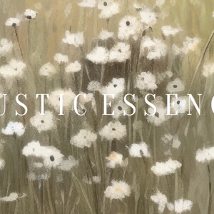 Puede incluir: Una pintura de acuarela de un campo de flores silvestres blancas sobre un fondo verde claro. El texto "RUSTIC ESSENCE" est&aacute; escrito en blanco en el medio de la imagen.