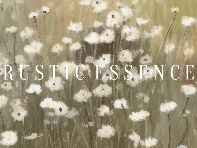 Puede incluir: Una pintura de acuarela de un campo de flores silvestres blancas sobre un fondo verde claro. El texto "RUSTIC ESSENCE" est&aacute; escrito en blanco en el medio de la imagen.