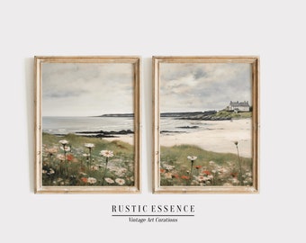 Vintage Coastal Cottage Print Set | Antique Country Cottage Wall Art | Lake House Decor | Muted Neutral Warm | Digital Printable Download
