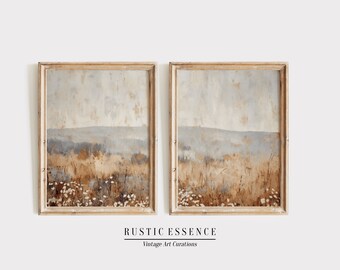 Autumn Country Landscape Painting Split Panel | Warm Vintage Living Room Decor | Cottage Wall Art Set of 2 | Printable Digital Download