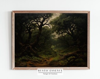 Vintage Moody Forest Oil Painting | Antique Dark Green Landscape Painting | French Countryside Botanical Art | Printable Digital Download