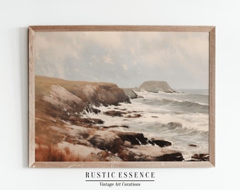 Moody Coastal Landscape Oil Painting | Rustic Muted Green Seaside Poster | Antique Ocean Beach Artwork | Digital Downloadable Print