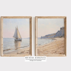 Stampa di pittura a olio di paesaggio costiero SET di due / Pannello diviso Arte da parete sulla spiaggia / Arredamento soggiorno neutro / Download digitale stampabile
