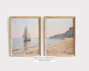 Coastal Landscape Oil Painting Print SET of Two | Split Panel Beach Wall Art | Neutral Living Room Decor | Printable Digital Download