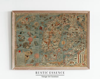 Vintage Map of Northern Europe | Antique Carta Marina | Rustic Living Room Decor | Highly Detailed Poster | Printable Digital Download