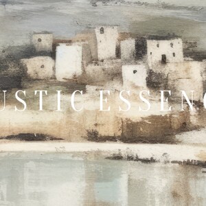 Puede incluir: Pintura abstracta de un pueblo con edificios blancos y una masa de agua en primer plano. El texto "RUSTIC ESSENCE" est&aacute; impreso en blanco en la parte inferior de la pintura.
