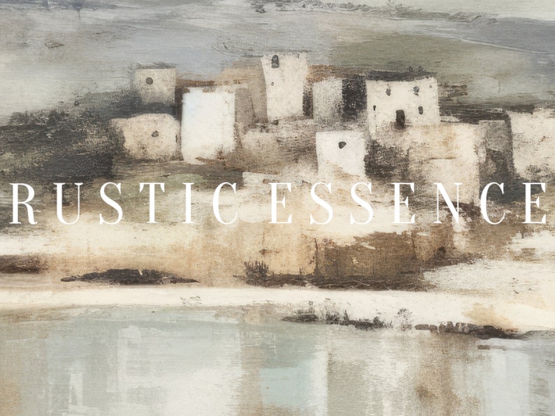 Puede incluir: Pintura abstracta de un pueblo con edificios blancos y una masa de agua en primer plano. El texto "RUSTIC ESSENCE" est&aacute; impreso en blanco en la parte inferior de la pintura.