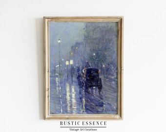 Rainy City Impressionist Painting, Rustic Wall Decor, Calm Antique Poster, European 19th Century Oil Painting, Digital Downloadable Print