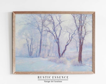 Impression forêt hivernale douce, grande oeuvre d'art murale de Noël, décoration de vacances à la ferme, scène d'hiver calme, affiche rustique vintage, impression numérique