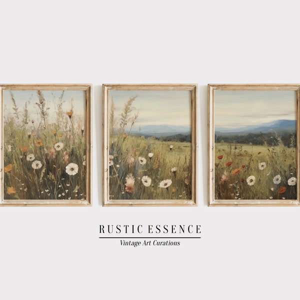 Country 3 Pieces Vintage Wall Art | Neutral Split Print | Wildflower Field Set of 3 Prints | Farmhouse Decor Landscape Painting | Printable