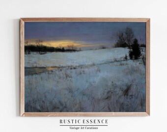 Moody Dusk Vintage Painting, Cool Dark Palette Holiday Gifts, Sunset Winter Wall Art, Blue Snowy Forest Poster, Digital Printable Download