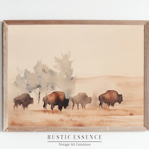 Vintage Bison Aquarellmalerei | Minimalistischer rustikaler amerikanischer Südwesten-Druck | Antik Büffel Natur Landschaft Wand Kunst | Digitaldruck