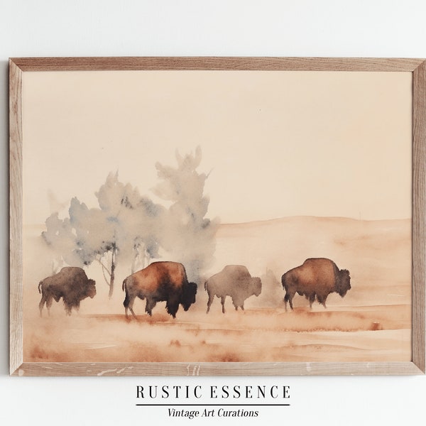 Vintage Bison Watercolor Painting | Minimalist Rustic American Southwest Print | Antique Buffalo Nature Landscape Wall Art | Digital Print