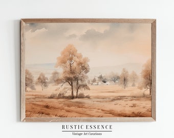 Antique Muted Watercolor Landscape Painting | Vintage Neutral Minimalist Wall Art | Rustic Country Field Poster | Downloadable Digital Print