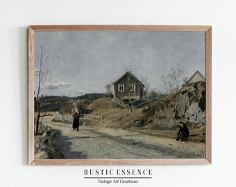 Rustic Scandinavian Village Oil Painting, Vintage Nordic Landscape Wall Art, Antique Cottage Country Farmhouse Decor, Digital Download