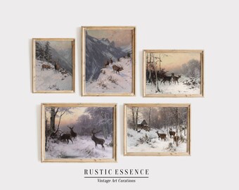 Galería de pinturas rústicas de ciervos, 45 imágenes personalizables, paisaje invernal vintage, decoración de cabaña imprimible, regalo de granja para cazadores