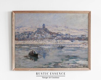 Impressionist Harbor Scene, Cool Winter Landscape, Boating Farmhouse Prints, Calm Muted Wall Art, Winter Wall Decor, Digital Download Print