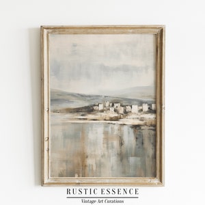 Muted Mediterranean Coastal Painting | Vintage Seaside Landscape Painting | Antique Neutral Wall Art Decor | Digital Download Print