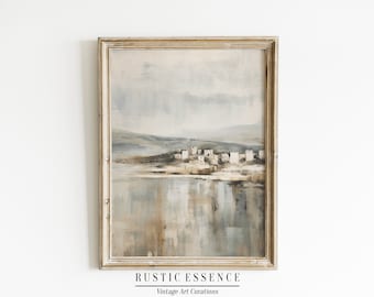 Muted Mediterranean Coastal Painting | Vintage Seaside Landscape Painting | Antique Neutral Wall Art Decor | Digital Download Print