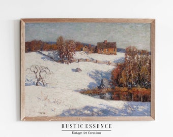 Vintage Impressionist Autumn Winter Landscape Painting, Rustic Fine Art, Moody Wall Art, Antique Cabin Poster, Digital Downloadable Print
