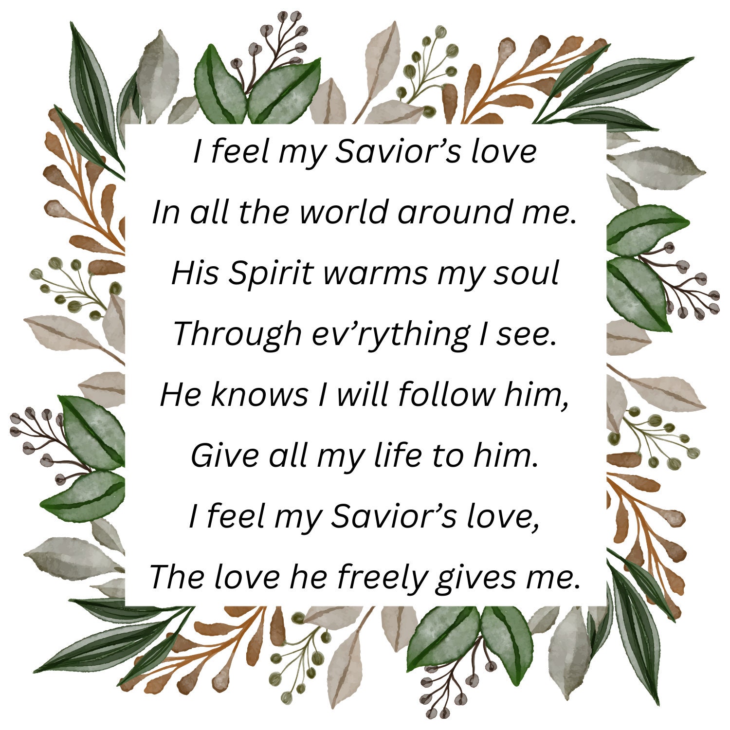 I Feel My Savior's Love Primary Song Lyrics, Digital Download, LDS Printable, Baptism, Missionary, Relief Society, Ministering Sister Gift