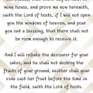 May include: A white background with a repeating geometric pattern. The image contains text from Malachi 3:10-11, a religious passage. The text is in black, with a decorative font.