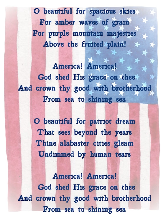 O Beautiful Printable, America The Beautiful Lyrics, Fourth Of July Home  Décor, Frameable Art, Old Glory, American Flag, Independence Day